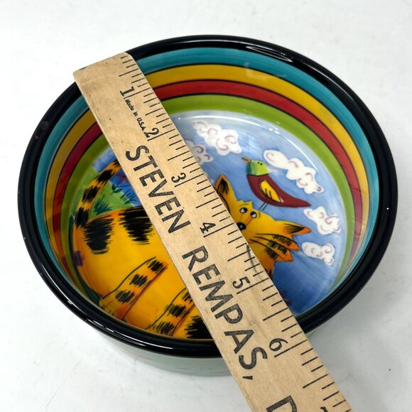 2005 MARY NAYLOR DESIGNS 6" Handpainted Cat Pet Food Bowl Birds Decorative - Picture 9 of 9